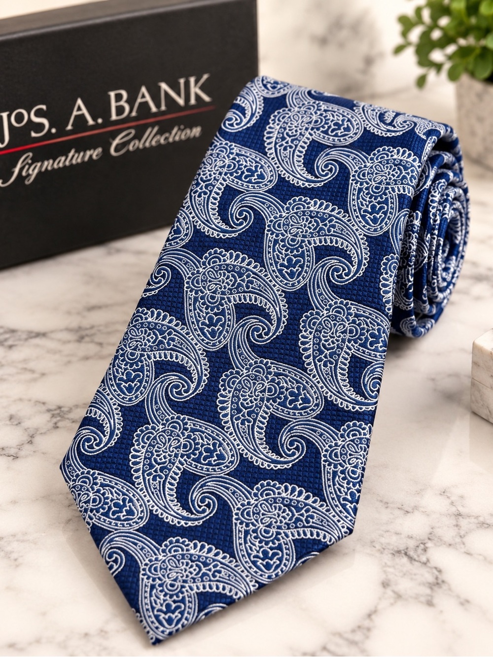 Jos A Bank Signature Collection 100% Silk Navy Blue and White Paisley Tie
